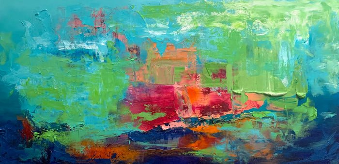 acrylic on canvas by Ginger Fox Dallas, Texas artist Original Contemporary Abstract Painting    Abstract Scrapes This liberated painting style coexists with distinguished lines, giving them their “scraping” appearance. The colors are layered on top of each other intentionally creating natural but vivid contrasts.